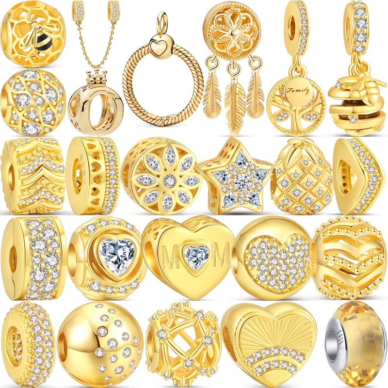 925 Sterling Silver Golden Charm Crown Family Tree Catena Di Sicurezza Hollow Beads Fit Original Pandora Bracciali Donna Europa Gioielli