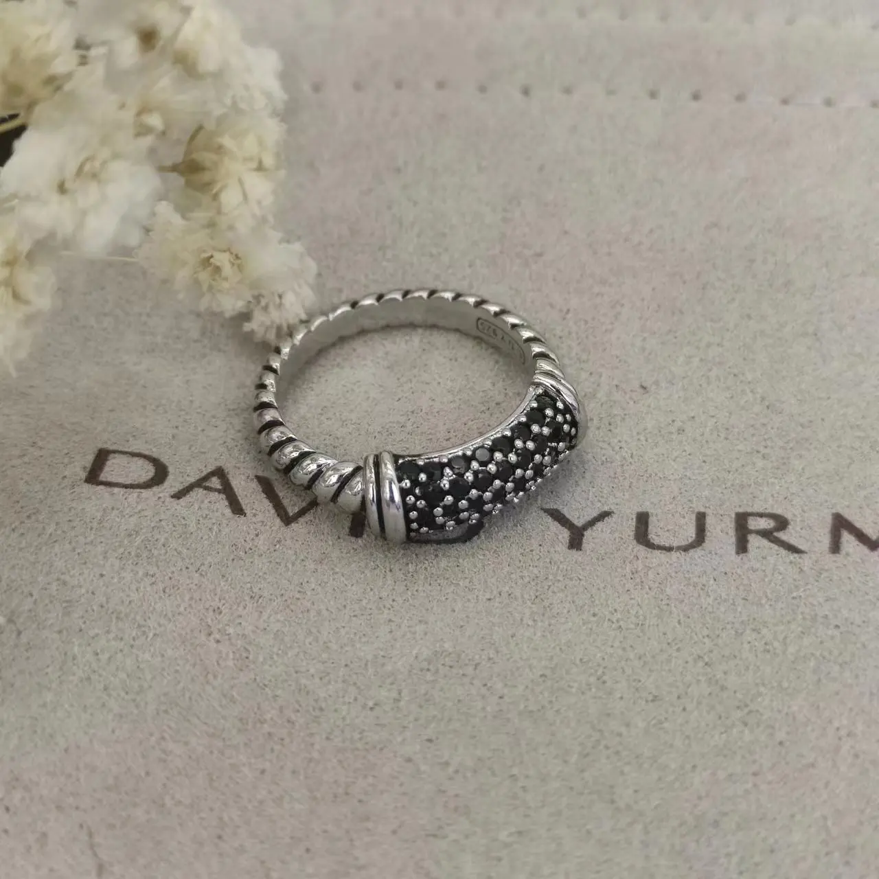 Hsc D Y Rings Cable Collectible Twisted Line Black White Stone Stack In Argento Sterling Con Pavé Diamonds