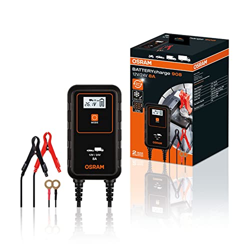 Osram Batterycharge 908, Caricabatterie Intelligente Da 8A E Mantenitore Della Batteria, Più Potenza Per Batterie Di Dimensioni Maggiori, 12V & 24V