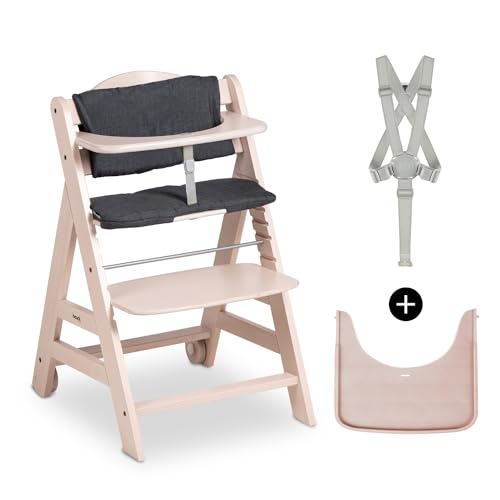 Hauck Seggiolone Pappa In Legno Beta+ - Legno Cert.Fsc®, Con Cuscino, Cintura A 5 Punti, Vassoio E Ruote In Legno - Dai 6 Mesi Fino A 90 Kg - Whitewas
