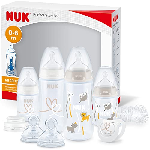 Nuk Perfect Start First Choice+ Set Biberon, 0-6 Mesi, 4 Bottiglie Con Controllo Della Temperatura, Succhietto, Spazzola Per Biberon, Senza Bpa, Safar