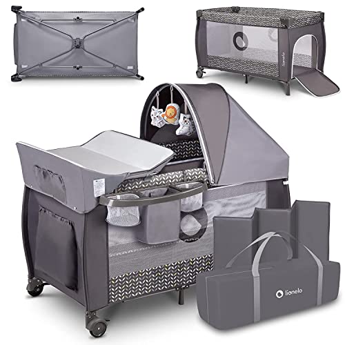 Lionelo Sven 2In1 Box Bambini Dalla Nascita Fino 15Kg Lettino Pieghevole Con Fasciatoio Baldacchino Giocattoli Pendenti Ingresso Laterale Aggiuntivo S