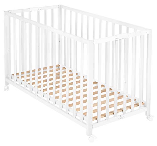 Roba Lettino Pieghevole Fold Up, 60 X 120 Cm, Con Ruote Con Freni, Altezza Regolabile, Legno Laccato Bianco