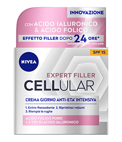 Nivea Cellular Expert Filler Crema Viso Giorno Anti-Età Intensiva Spf 15 50Ml, Antirughe Rassodante, All' Acido Ialuronico E Acido Folico Puro, Crema