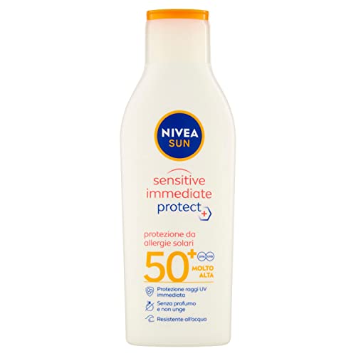 Nivea Sun Crema Solare Sensitive Immediate Protect Fp50+ In Flacone Da 200 Ml, Latte Solare Con Aloe Vera E Antiossidanti, Protezione Solare Contro Le