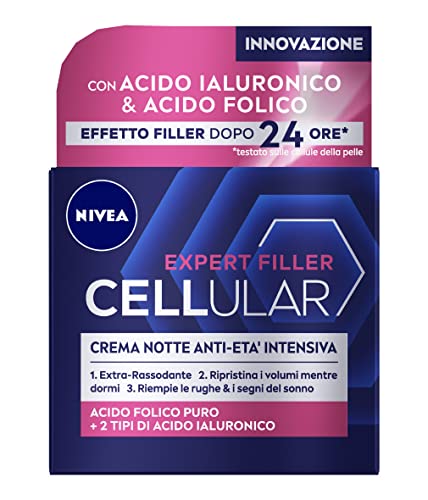 Nivea Cellular Expert Filler Crema Notte Anti-Età Intensiva Spf 15 50Ml, Crema Viso Antirughe Rassodante, Crema Viso Acido Ialuronico E Acido Folico P