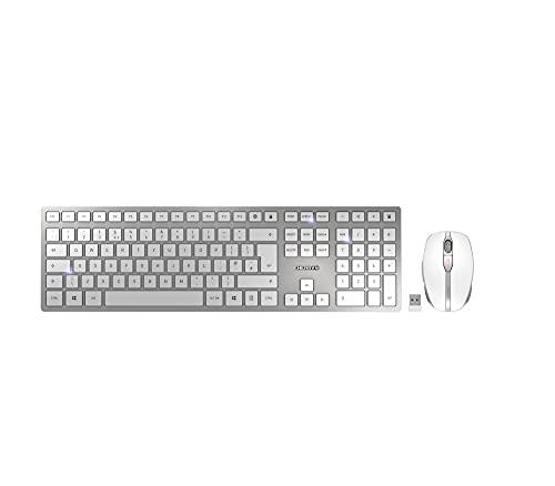 Cherry Dw 9100 Slim - Tastiera E Mouse Senza Fili - Bluetooth A 2,4 Ghz - Silenziosa E Ricaricabile Con Usb - Layout Inglese (Qwerty), Bianco-Argento