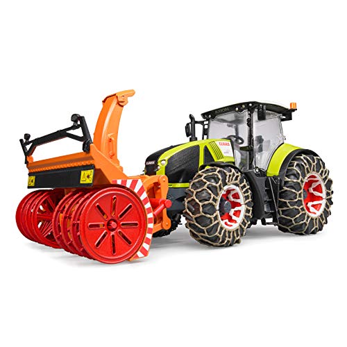 Bruder 03017 - Claas Axion 950 Con Catene Da Neve E Spazzaneve, Trattore, Servizio Invernale, Spazzaneve