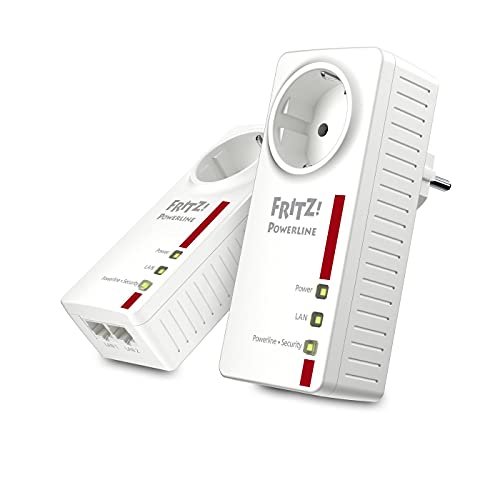 Avm Fritz!Powerline 1220E Set Kit Di 2 Adattatori Con Presa Passante, Fino A 1200 Mbps, 2 Porte Lan Gigabit, Plug And Play, Eco Mode, Istruzioni In It