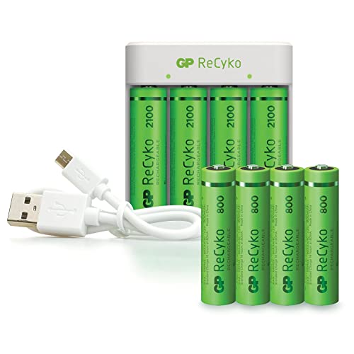 Gp Battery Caricabatterie Usb Recyko Con 4 Batterie Ricaricabili 1,5V Stilo Aa Nimh 2100Mah E 4 Batterie Ricaricabili 1,5V Mini Stilo Aaa Nimh 800Mah 