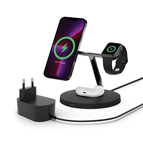 Belkin Caricabatterie Wireless 3 In 1 Con Magsafe, Caricatore Wireless Rapida Per Iphone (15 W) E Per Apple Watch, Stazione Di Ricarica Per Iphone 15,