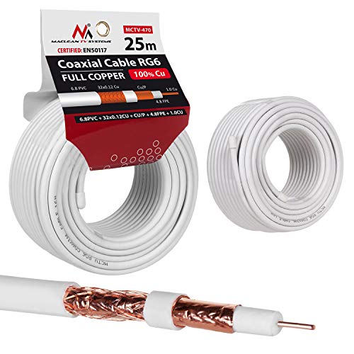 Maclean Mctv-470 - Cavo Coassiale Per Antenna, Rg6, In Puro Rame, 100% Cu, 25 M