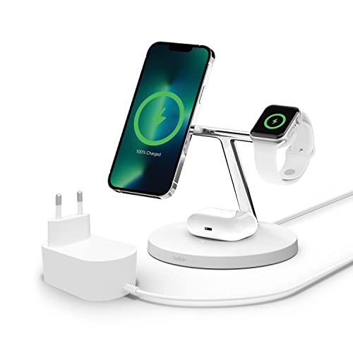 Belkin Caricabatterie Wireless 3 In 1 Con Magsafe, Caricatore Wireless Rapida Per Iphone (15 W) E Per Apple Watch, Stazione Di Ricarica Per Iphone 15,