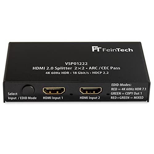 Feintech Vsp01222 Splitter Hdmi 2.0, 2 Ingressi, 2 Uscite, Scaler Arc Pass Per Ricevitore Av 4K 60Hz Hdr