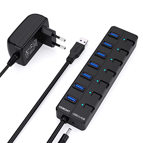 Vemont 7-Port Usb 3.0 Hub, Piano Chiavi Di Stile Individuale Di On/Off Con 7 Indicatore Led Blu 5V/2A Adattatore Di Alimentazione (Spina Europea), 1.2