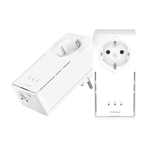 Strong Powerl2000Duoeu, Powerline 2000 - Kit Adattatore Di Rete (Fino A 2000 Mbit/S, Presa Integrata, Lan Fast Ethernet, Powerlan), Colore: Bianco