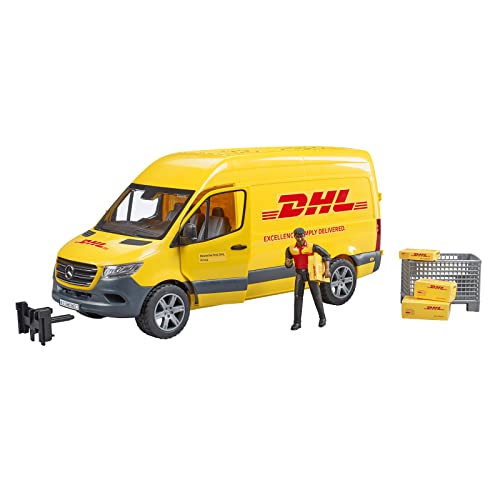Bruder 02671 - Mb Sprinter Dhl Con Autista Incluso Box Pallet Con Pacchi Di Spedizione, Veicolo, Trasportatore