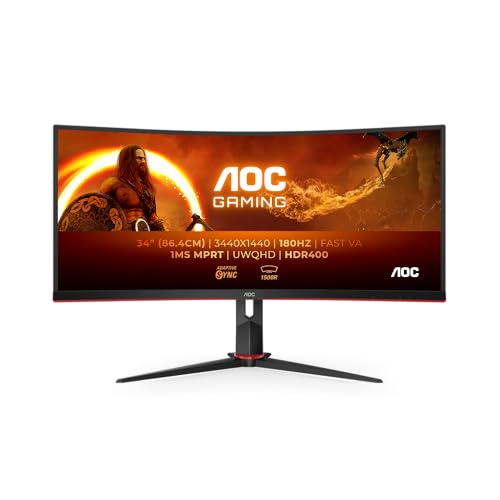 Aoc Gaming Cu34G2Xp - Wqhd Curved Monitor Da 34 Pollici, 180 Hz, Freesync Prem., Hdr400 (3440X1440, 1Ms Gtg, Hdmi, Displayport, Usb Hub) Nero-Rosso