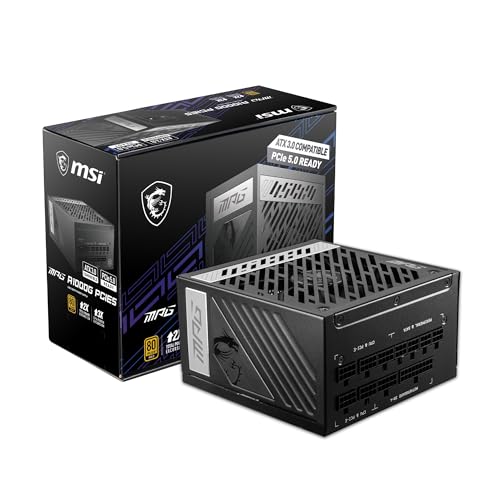 Msi Mpg A1000G Pcie5 Alimentatore Spina Eu (1000W), Certificato 80 Plus Gold, Atx 3.0 100% Modulare, Supporto Gpu Pcie 5.0, 105°C Condensatori Giappon