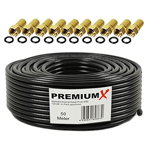 Premiumx Professionale Set Cavi Coassiali Da 50M – Satkabel Nero | Rame Puro | Antennenkabel Schermato 4-Vie | 10 Connettori F Inclusi - Supporta 8K,