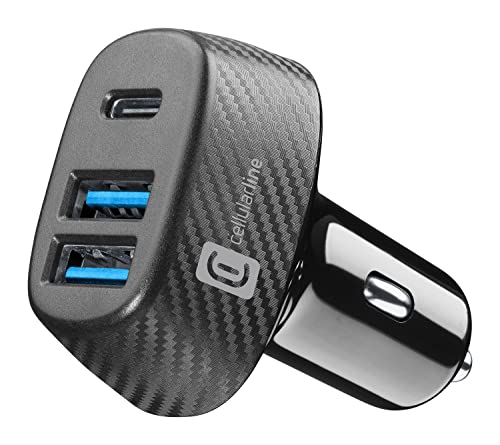 Cellularline - Caricabatterie Da Auto Per Accendisigari 12/24V- Ricarica Veloce 44W - 2 Porte Usb - 1 Porta Usb C
