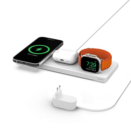 Belkin Caricabatteria Wireless 3 In 1 Con Magsafe, Tappetino Di Ricarica Rapida Mfi, Caricatore Wireless Per Iphone 15, 14, 13, 12, Apple Watch 9, 8,