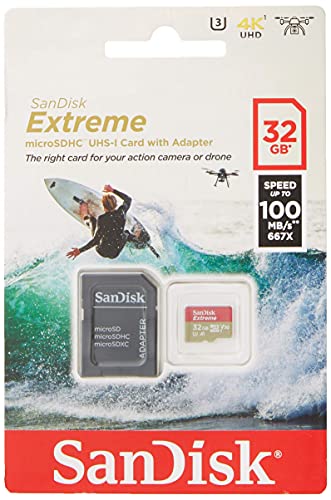 Sandisk Extreme 32 Gb Microsdhc Memory Card For Action Cameras And Drones With A1 App Performance Up To 100 Mb/S, Class 10, U3, V30