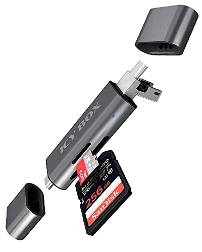 Icy Box Lettore Di Schede Sd Con Usb 3.0 Per Sd E Micro-Sd, 3 Connettori Usb (Usb-C, Usb-A, Micro-Usb), Otg, In Alluminio, Ib-Cr201-C3
