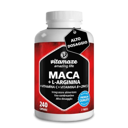 Vitamaze® Maca Ad Alto Dosaggio 4000 Mg Polvere + L-Arginina + Vitamine + Zinco, 240 Capsule Per 2 Mesi, Maca Root Peruviana Delle Ande, Qualità Tedes