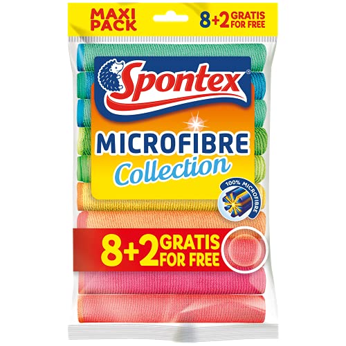Spontex Microfibre– Panni Multiuso 8+2 Gratis, 1 Confezione, In Microfibra Colorata