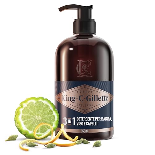 King C. Gillette Detergente Viso Uomo 3 In 1, Sapone Barba, Viso E Capelli, Pulizia E Freschezza, Profumazione King C., Cura Della Barba, Idea Regalo