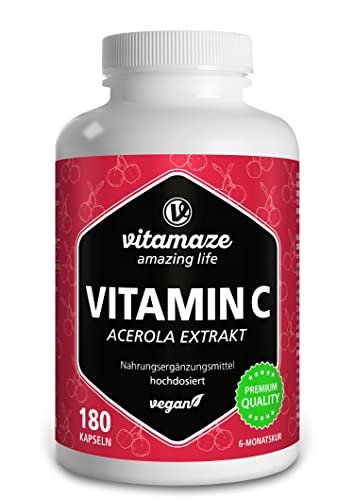 Vitamina C Acerola, 160 Mg Vitamina C Naturale Da 660 Mg Di Estratto Di Acerola, Vegan & Biodisponibile In Modo Ottimale, 180 Capsule Per 6 Mesi, Inte
