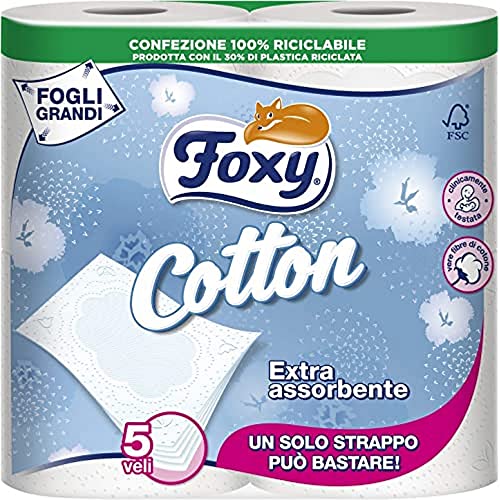 Foxy Cotton Carta Igienica 5 Veli, Bianco, 4 Rotoli