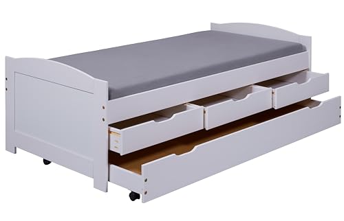 Inter Link Letto Singolo Con 2° Letto Estraibile Multi Funzione In Pino Massiccio Verniciato, Bianco, 90X200 Cm