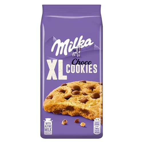 Milka, Cookies Xl Choco, Biscotto Maxi Croccante Con Golose Pepite Di Cioccolato Al Latte Milka, Con Latte Alpino, Cacao Sostenibile, 184G (8 Biscotti