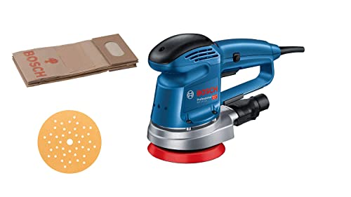 Bosch Professional Gex 34-125 Levigatrice Rotorbitale, Diametro Platorello 150 Mm, Foglio Abrasivo C470 Per Legno, Adattatore Aspirazione, In Scatola