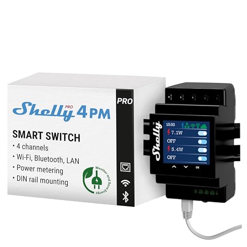 Shelly Pro 4Pm, Relè A 4 Canali Wi-Fi, Lan E Bluetooth, Misuratore Di Consumo, Domotica Casa, Compatibile Con Alexa E Google Home, App Ios Android