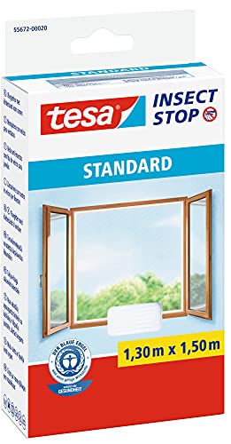 Tesa Insect Stop Zanzariere Attacca & Stacca Standard Per Finestre, Zanzariera Adesiva, Rete Per Zanzariera Regolabile A Piacere, Bianco, 130 Cm X 150