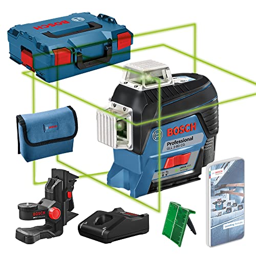Bosch Professional 12V System Livella Laser Gll 3-80 Cg (1 Batteria 12V + Caricabatteria, Laser Verde, Da Interno, Con App, Raggio D’Azione: Fino A 30