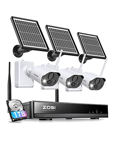 Zosi 3Mp Kit Videosorveglianza Wifi Con Batteria Ricaricabile, 3X Telecamera A Batteria Con Pannello Solare, Audio Bidirezionale, 8Ch Nvr Con 1Tb Hard