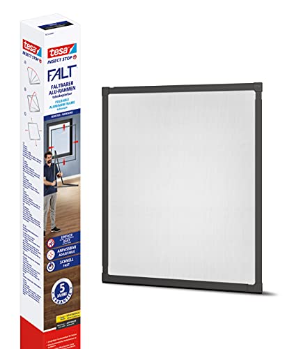 Tesa 55214 Insect Stop Ripiegabile, Zanzariera Per Finestre Telescopica Con Telaio In Alluminio, Antracite, 80 X 80Cm Fino A 140 X 140Cm