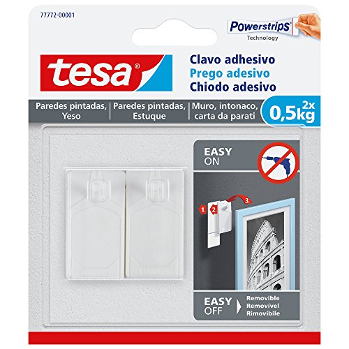 Tesa Chiodo Adesivo Per Intonaco E Carta Da Parati, Gancio Biadesivo Per Quadri E Oggetti Decorativi, Rimovibile E Riutilizzabile, Confezione Da 2 Pez