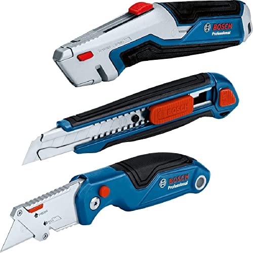 Bosch Professional Set Di Coltelli Da 3 Pz. (Incl. Coltello Universale Con Lama Estraibile E Lame Di Riserva Nell'Impugn., Cutter, Coltello A Serraman