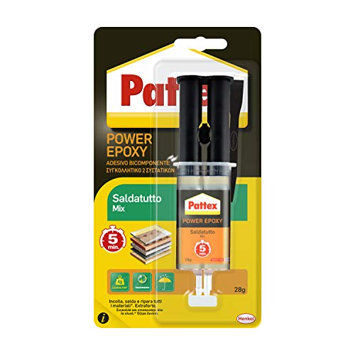 Pattex Power Epoxy Saldatutto Mix 5 Minuti, Forte Colla Epossidica Bicomponente, Colla Bicomponente Per Plastica A Elevata Tenuta Finale, Colla Multiu