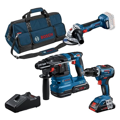 Bosch Professional Combo Kit Gsr 18V-55 + Gws 18V-7 + Gbh 18V-22 (Incl. 2 Batterie Procore 4.0Ah, Caricabatteria Gal 18V-40, In Borsa Per Gli Attrezzi