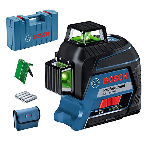 Bosch Professional Livella Laser Gll 3-80 G (Laser Verde, Da Interno, Raggio D’Azione: Fino A 30 M, 4 Pile Aa, Valigetta)