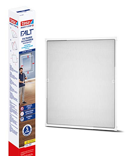 Tesa 55214 Insect Stop Ripiegabile, Zanzariera Per Finestre Telescopica Con Telaio In Alluminio, Bianca, 80 X 80Cm Fino A 140 X 140Cm