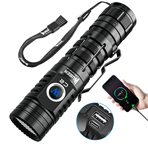 Wuben C2 Torce Led Ricaricabili 2000 Lumen Alti, Torcia Tascabile Con Power Bank 4800Mah, 7 Modalità Flash Light, Torcia Tattica Impermeabile Ip68 Per