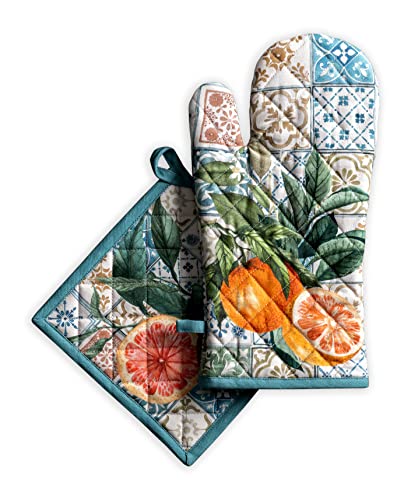 Maison D 'Hermine Agrume Set Guanti Da Forno 100% Cotone (19Cm X 33Cm) E Presine (20Cm X 20Cm) Per Barbecue, Cucina, Alla Griglia, Microonde, Primaver