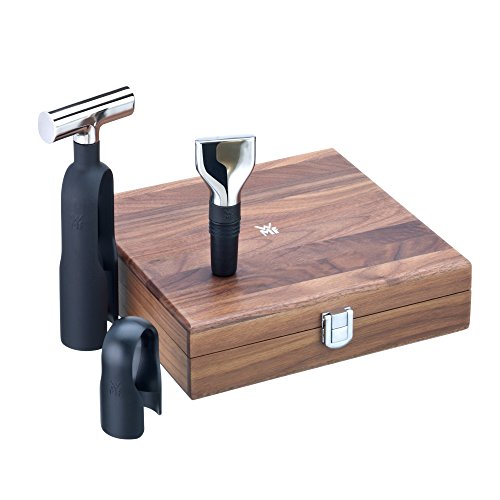 Wmf Baric Sommelier - Set Di 3 Cavatappi, Tagliacapsule E Tappo Per Bottiglia, In Scatola In Legno Di Noce, Colore: Nero